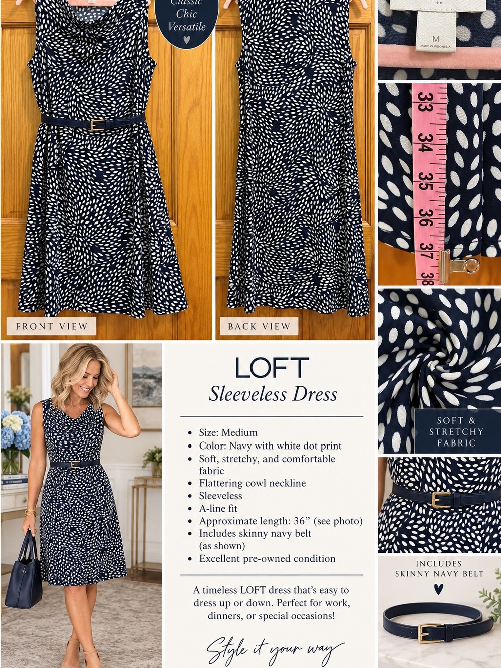 LOFT Navy and White Sleeveless A-Line Dress